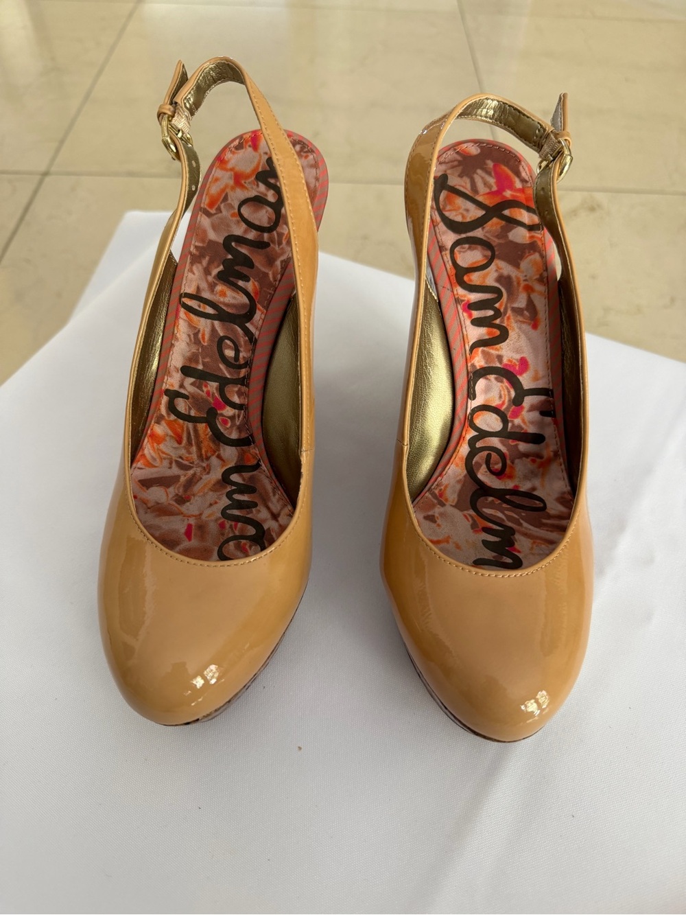 Sam Edelman Tan Patent Slingback Heels